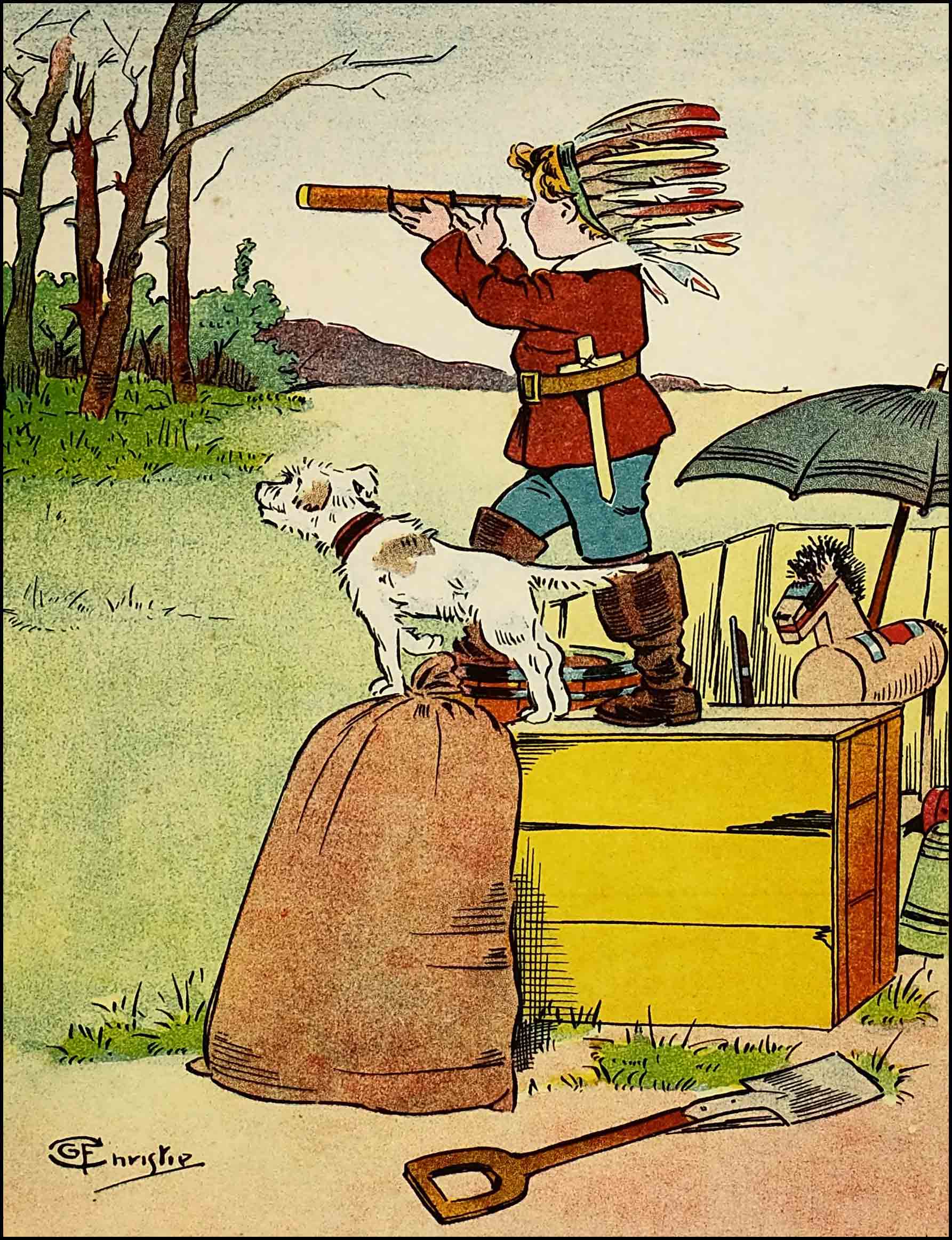 Dumpy and Rag stand atop the box, Dumpy looking afar through a telescope to the trees, with sack, spade, hobby horse and umbrella nearby