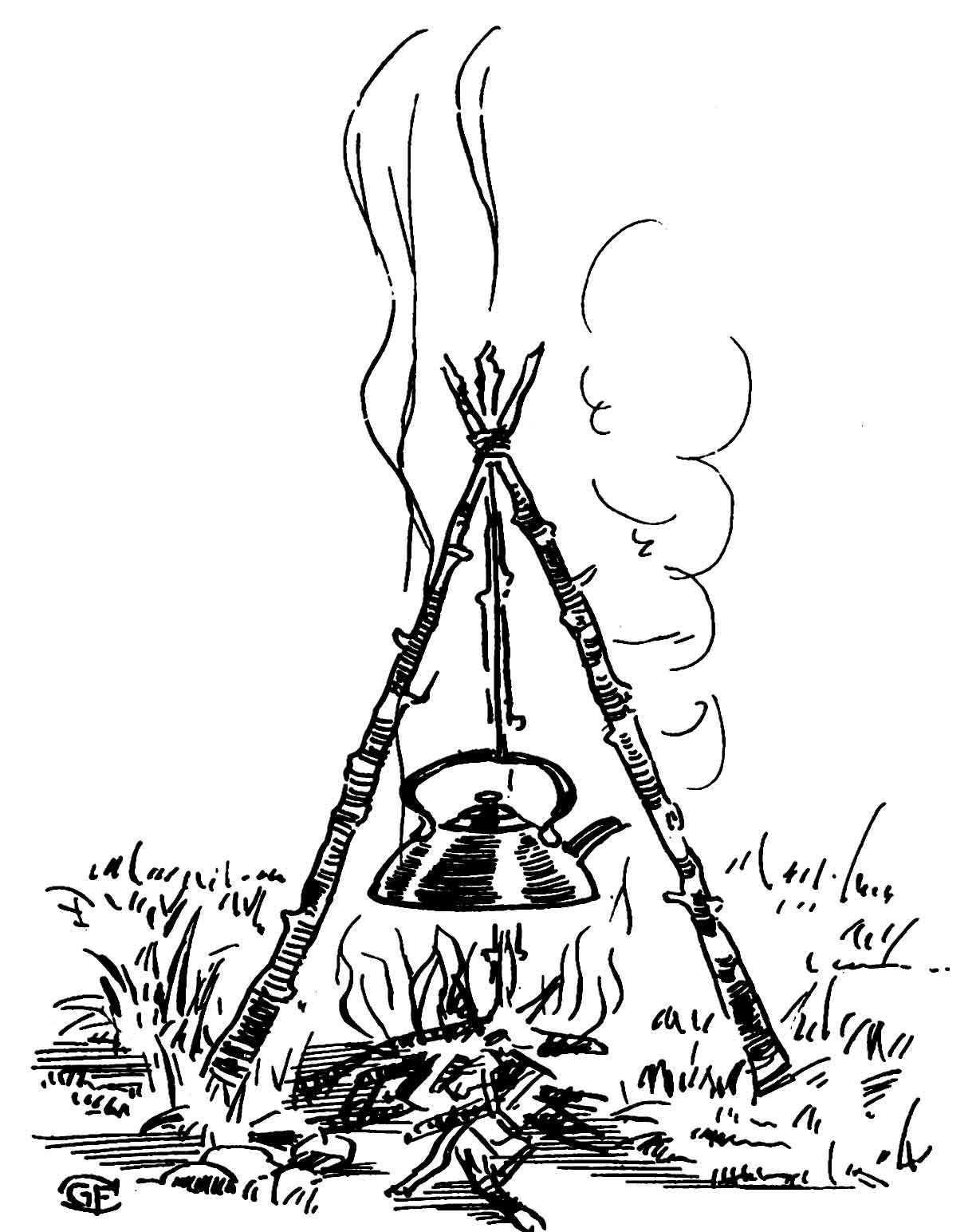 Camp fire beneath a kettle hanging from wooden poles held together at the top