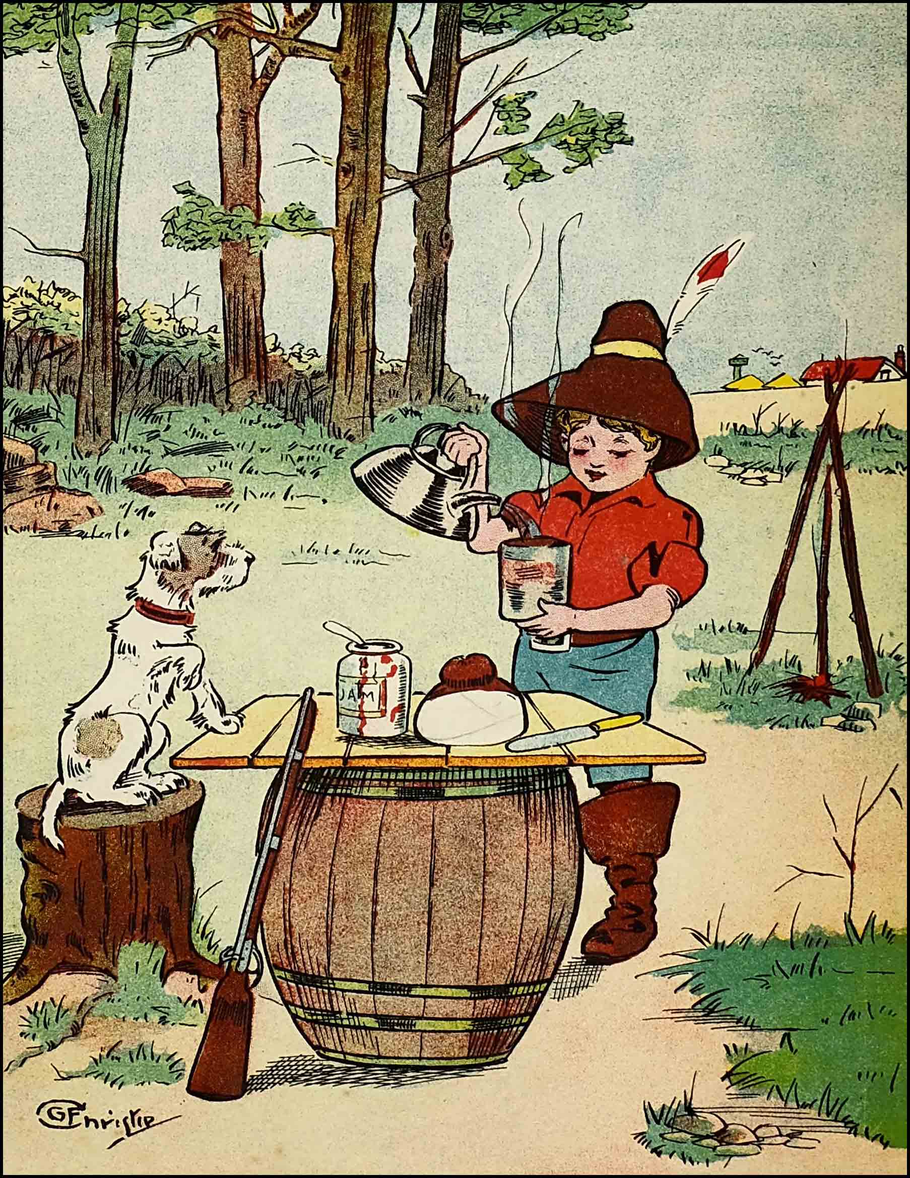 Rag sits on tree stump with paws on a makeshift table on which are placed a jar of jam, bread and a knife, while Dumpy pours water from the kettle into a mug