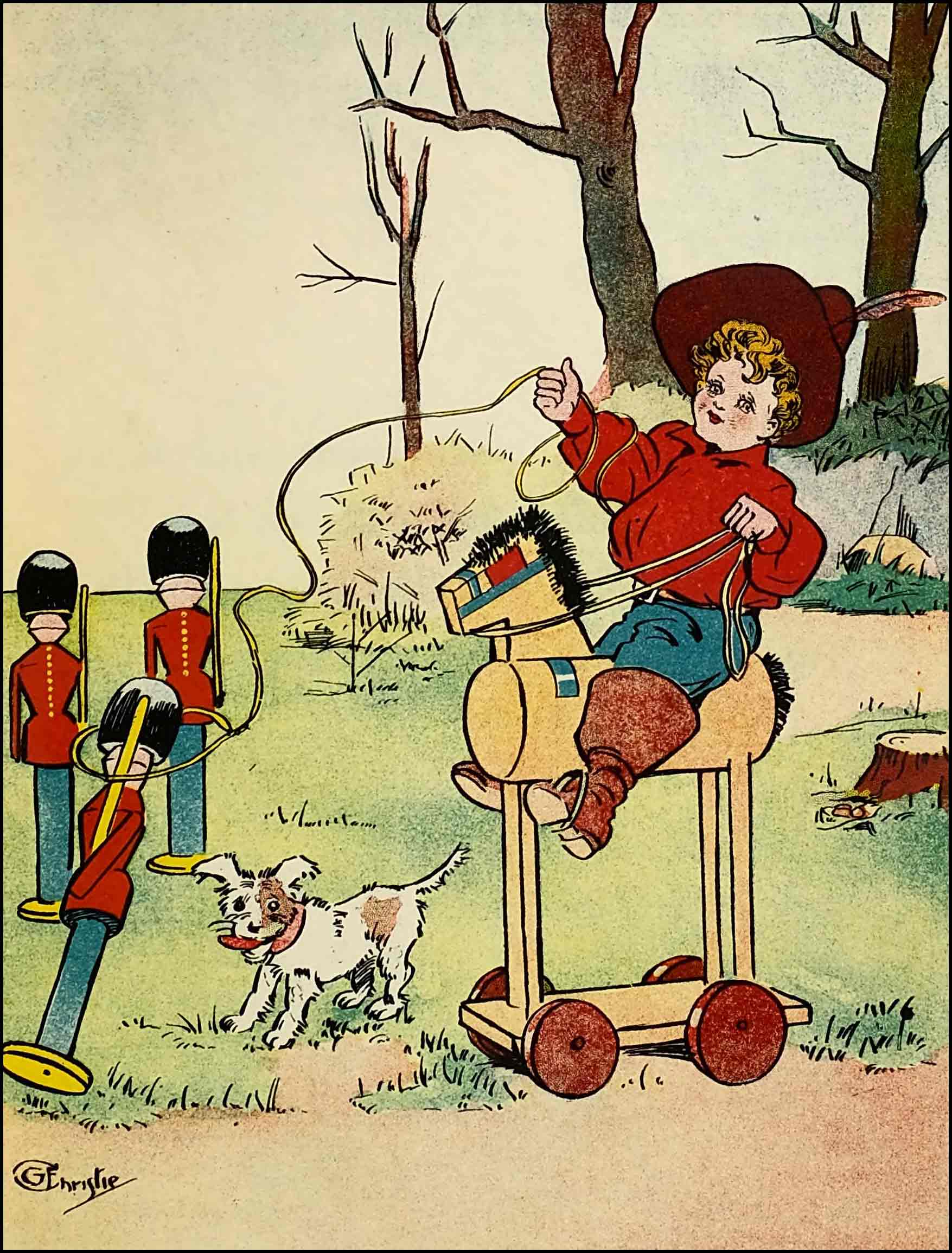 Dumpy astride the hobby horse, with Rag in front, throws a lasso around one of three toy soldiers
