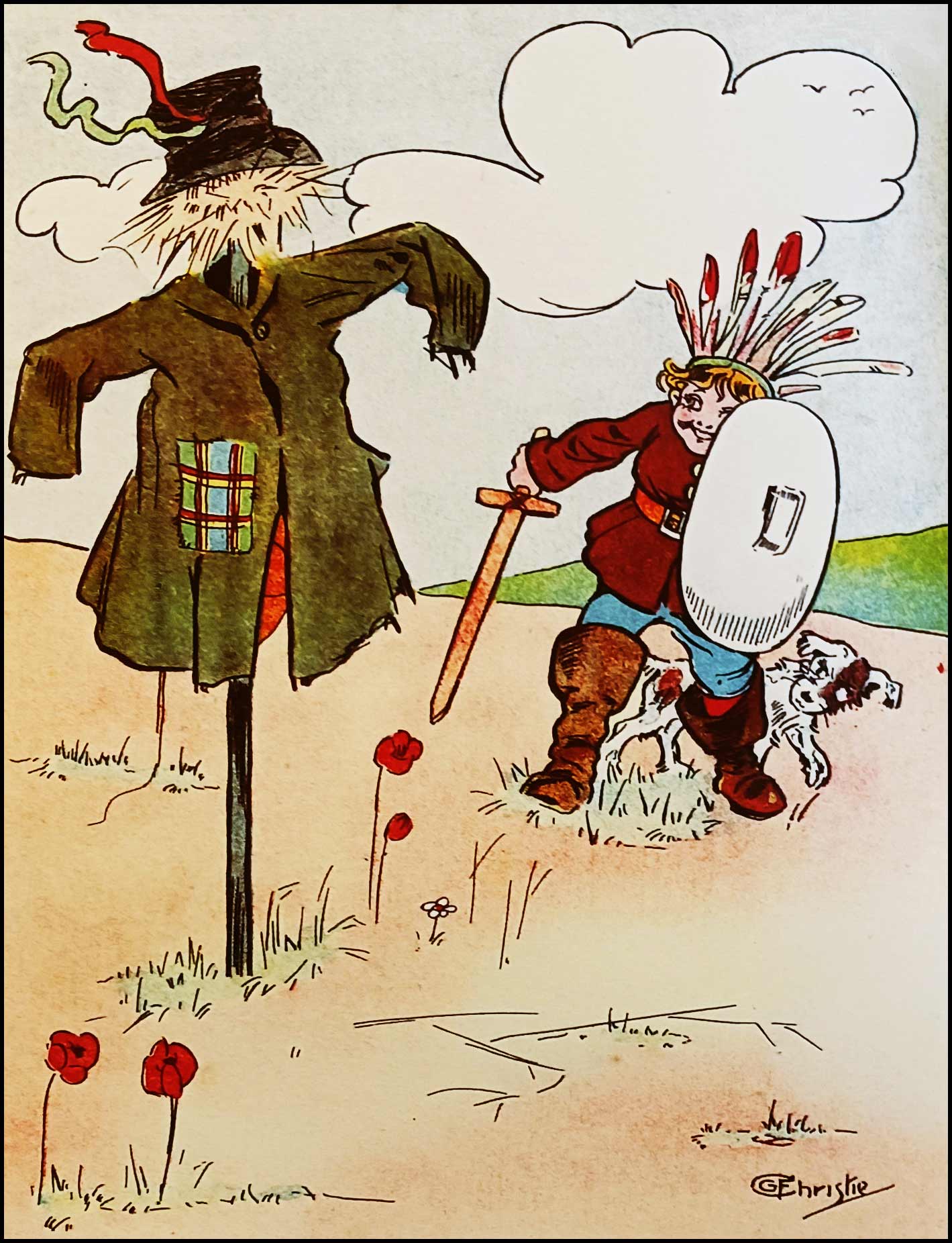 Rag hides behind Dumpy’s legs as Dumpy with shield and sword approaches the scarecrow
