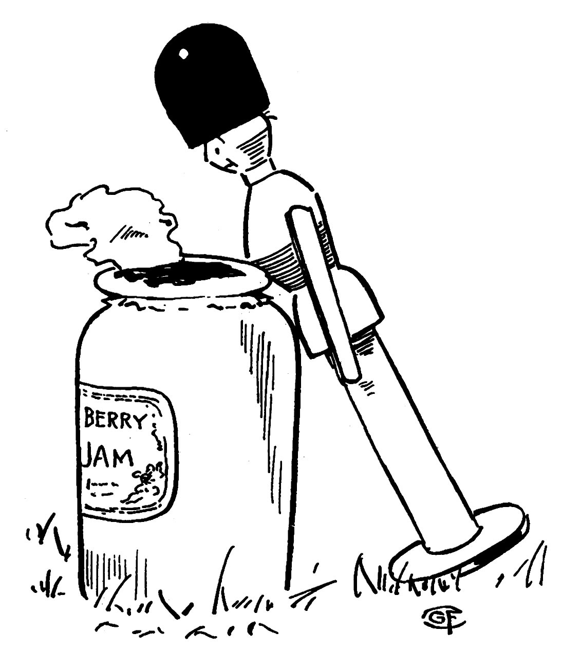 A toy solider leans on the jam jar