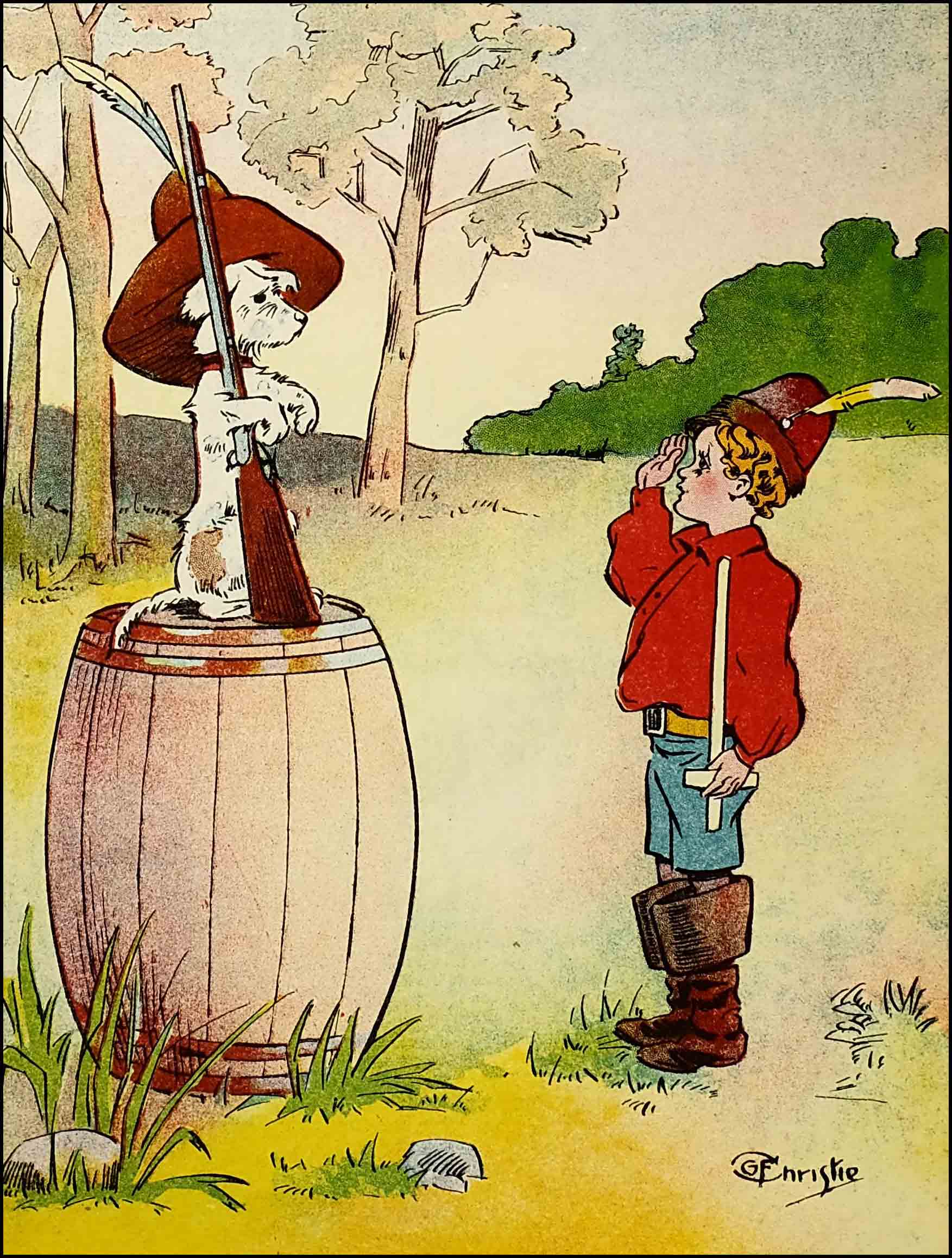 Rag sits upright on a barrel, front paws holding the spade, as Dumpy salutes