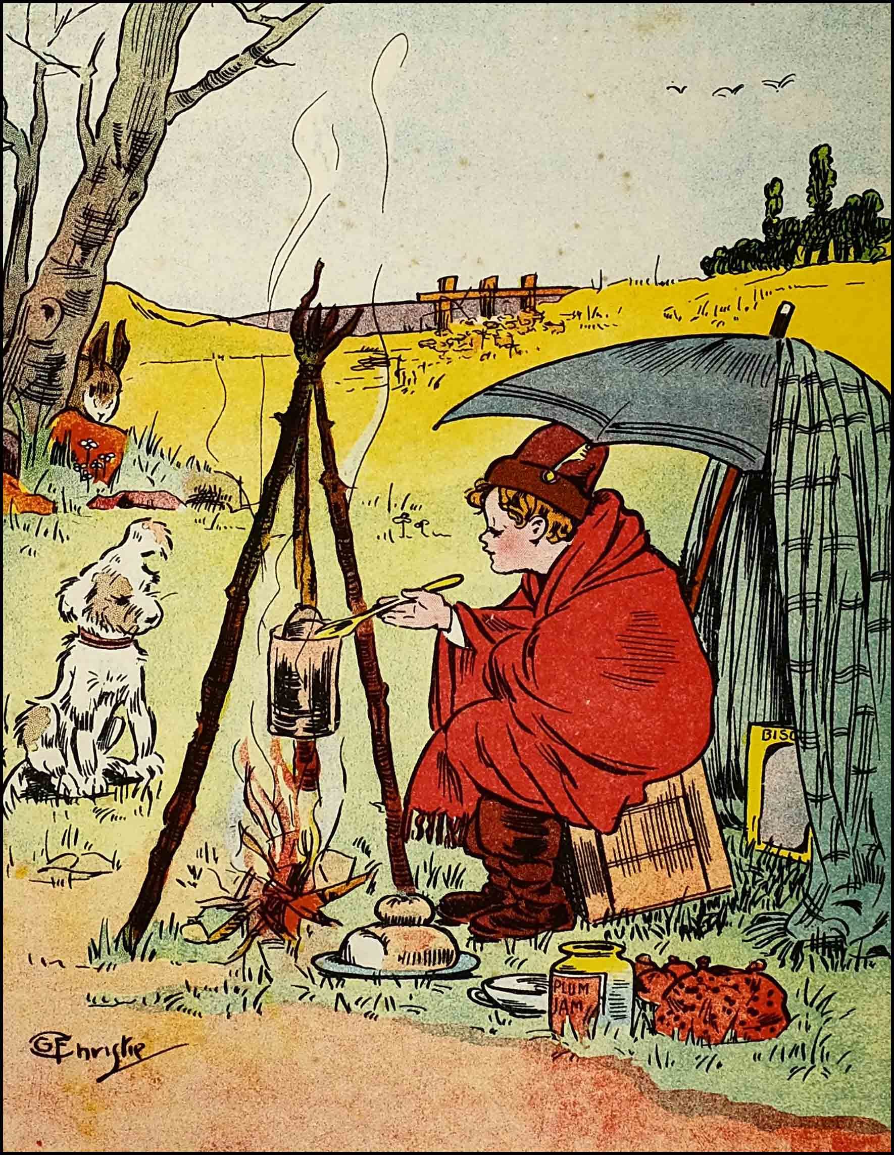 Dumpy sits beside the camp fire and stirs the stew in the pot as Rag waits with one ear cocked