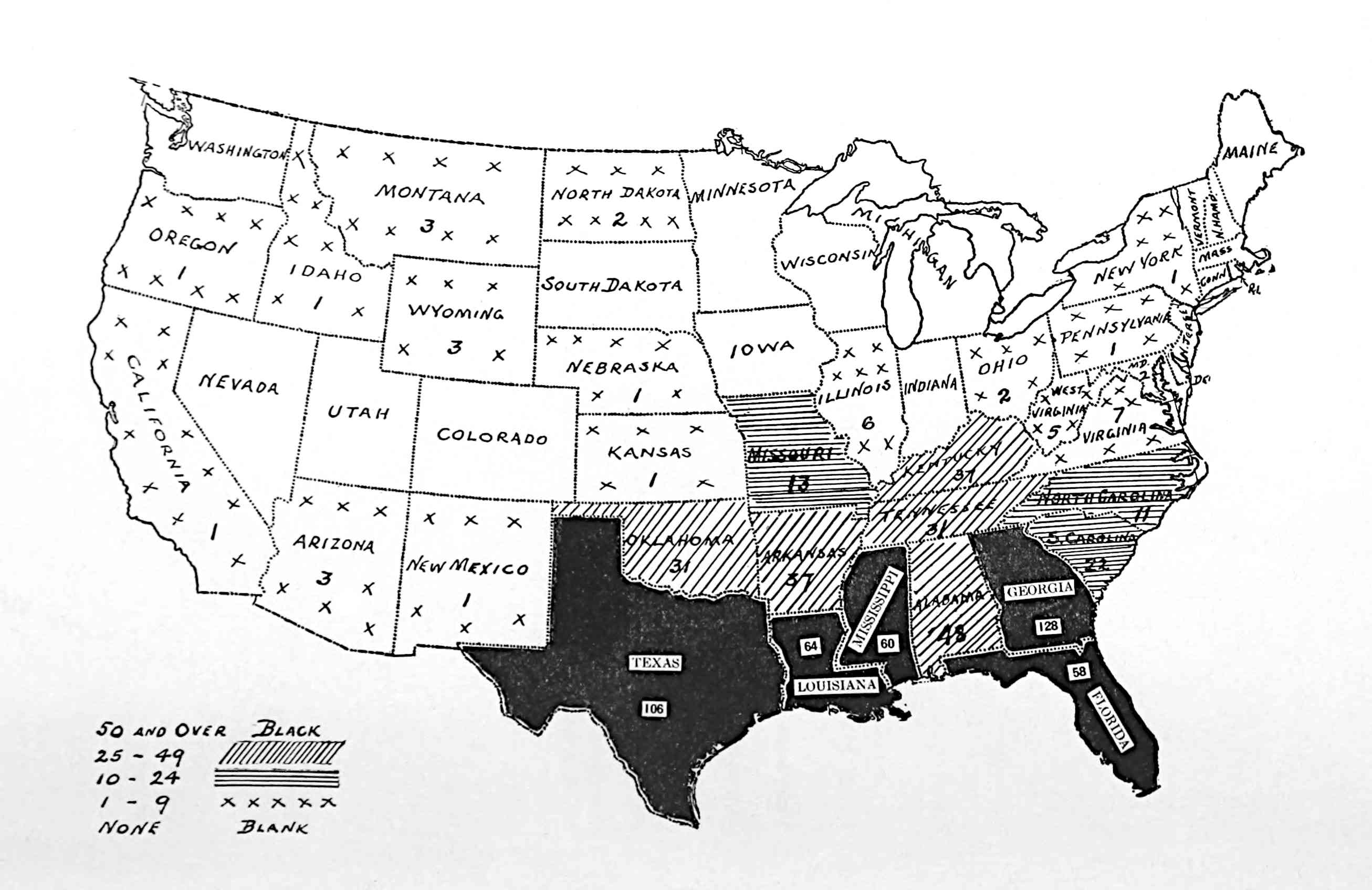 Labeled map of continental United States,    with legend indicating: 50 and over: black, 25-49: diagonal lines, 10-24: horizontal lines,    1-9: spaced x's, none, blank