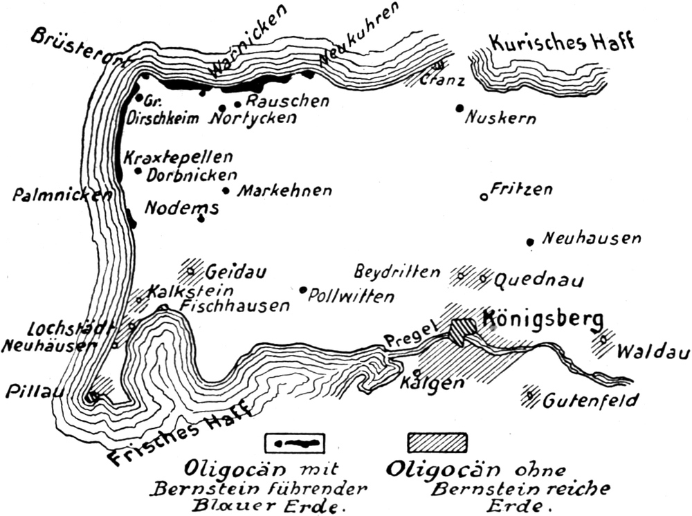 Karte der Region um Königsberg   mit den Lanschaften aus dem Oligocän mit und ohne Bernstein