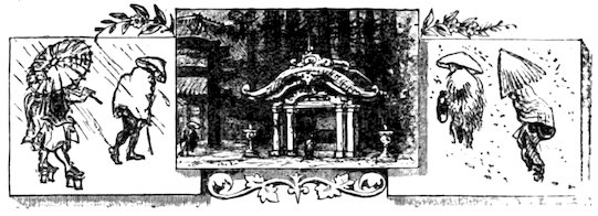 A historical woodcut depicting people in traditional rain gear and conical hats walking through rain next to an ornate Asian shrine and floral accents.