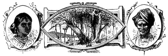 An antique engraving of a large banyan tree flanked by framed portraits of a woman and a man in traditional attire.