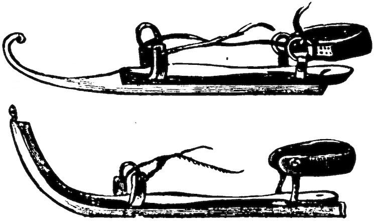 Traditional ice skates with curved runners and leather straps.