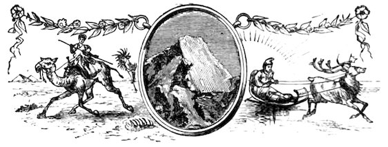 An ornamental divider featuring a central oval medallion of a snow-covered mountain, flanked on the left by a traveler on a camel and on the right by a person in a reindeer-drawn sled.