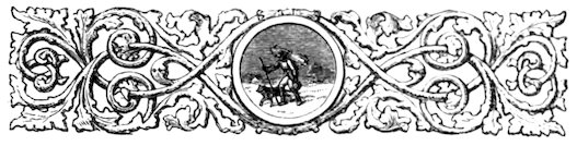A traveler with a staff and a dog walking through a snowy landscape within a central circular medallion framed by ornate scrolling foliage and acanthus leaves.