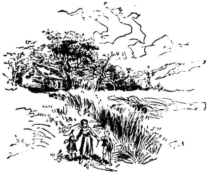 A sketch showing three people walking along a path near a house and trees, with mountains in the background.