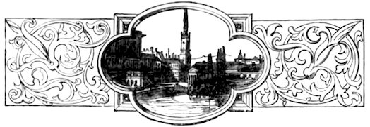 A town scene with a prominent church spire and buildings along a waterway, centered in an ornate lobed frame flanked by scrolling scrollwork panels.