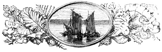 Two sailing vessels on calm water within an oval medallion, flanked by decorative marine foliage and coral.