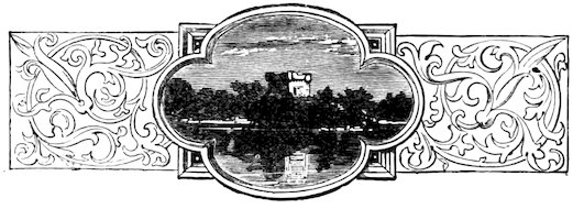 A landscape featuring a tower rising above trees near water, centered in an ornate lobed frame flanked by scrolling scrollwork panels.