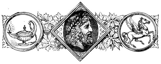 A central diamond-shaped frame containing a profile portrait of a bearded figure wearing a wreath, flanked by two circular frames enclosing an oil lamp on the left and Pegasus on the right, all set against a backdrop of grapevine foliage.