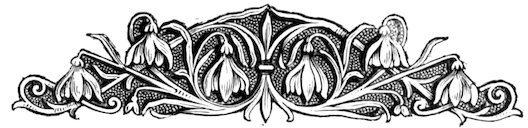 An ornate floral design featuring pendant snowdrop blossoms and scrolling leaves against a textured background.