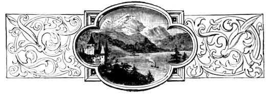 A mountain lake landscape featuring a castle on the shore and snowy peaks in the distance, centered in an ornate lobed frame flanked by scrolling scrollwork panels.