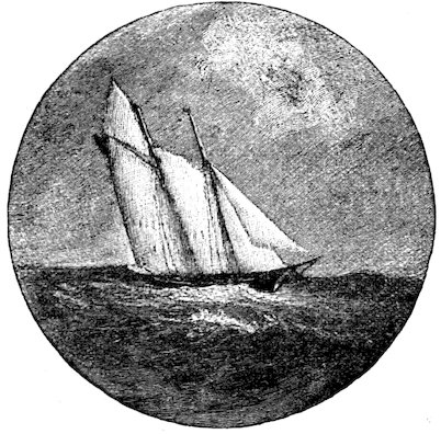 A multi-masted sailing yacht under full sail on open water, enclosed within a circular frame.