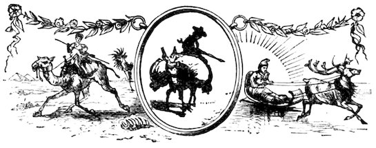 A central oval medallion containing a silhouetted figure riding an animal, flanked by a person riding a camel on the left and another driving a reindeer-drawn sled on the right, all beneath a garland of foliage.