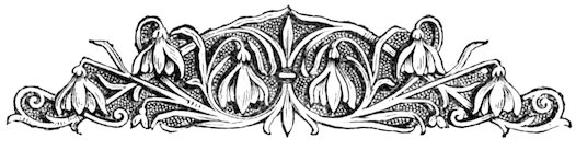 An ornate floral design featuring pendant snowdrop blossoms and scrolling leaves against a textured background.