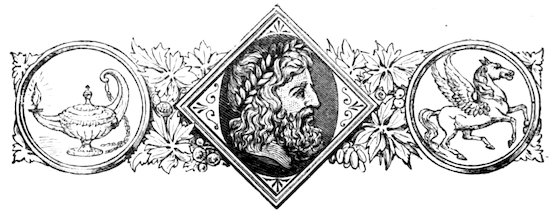 A central diamond-shaped frame containing a profile portrait of a bearded figure wearing a wreath, flanked by two circular frames enclosing an oil lamp on the left and Pegasus on the right, all set against a backdrop of grapevine foliage.