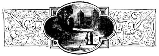 A landscape featuring two figures standing on a path leading toward a church tower, centered in an ornate lobed frame flanked by scrolling panels.