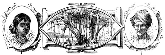 A central landscape featuring a banyan tree near water within an elongated pointed frame, flanked by two oval portrait frames of individuals.
