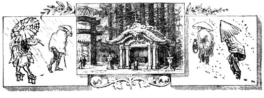 A central panel featuring an ornate Asian-style shrine and gateway in a wooded setting, flanked by side panels showing figures walking in the rain with umbrellas and traditional rain gear.