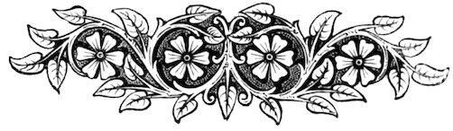An ornate floral scrollwork design featuring four five-petaled flowers set within symmetrical leafy vines and a textured background.