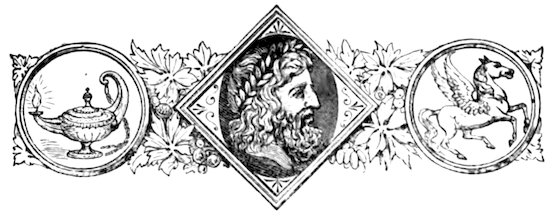 A central diamond-shaped frame containing a profile portrait of a bearded figure wearing a wreath, flanked by two circular frames enclosing an oil lamp on the left and Pegasus on the right, all set against a backdrop of grapevine foliage.
