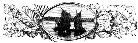 Two sailing ships on water within an oval frame, flanked by decorative marine foliage and coral.