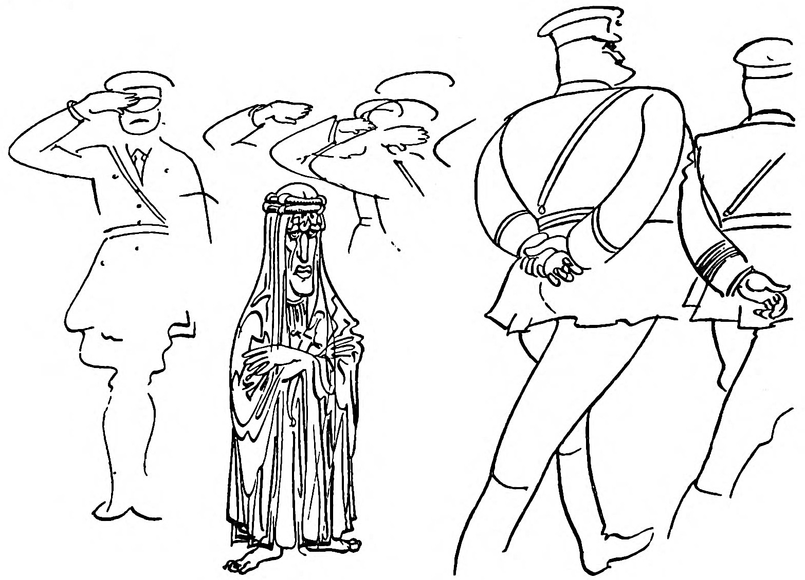 Cartoon of a small Lawrence in Arab dress, standing with arms crossed as the officers walk by