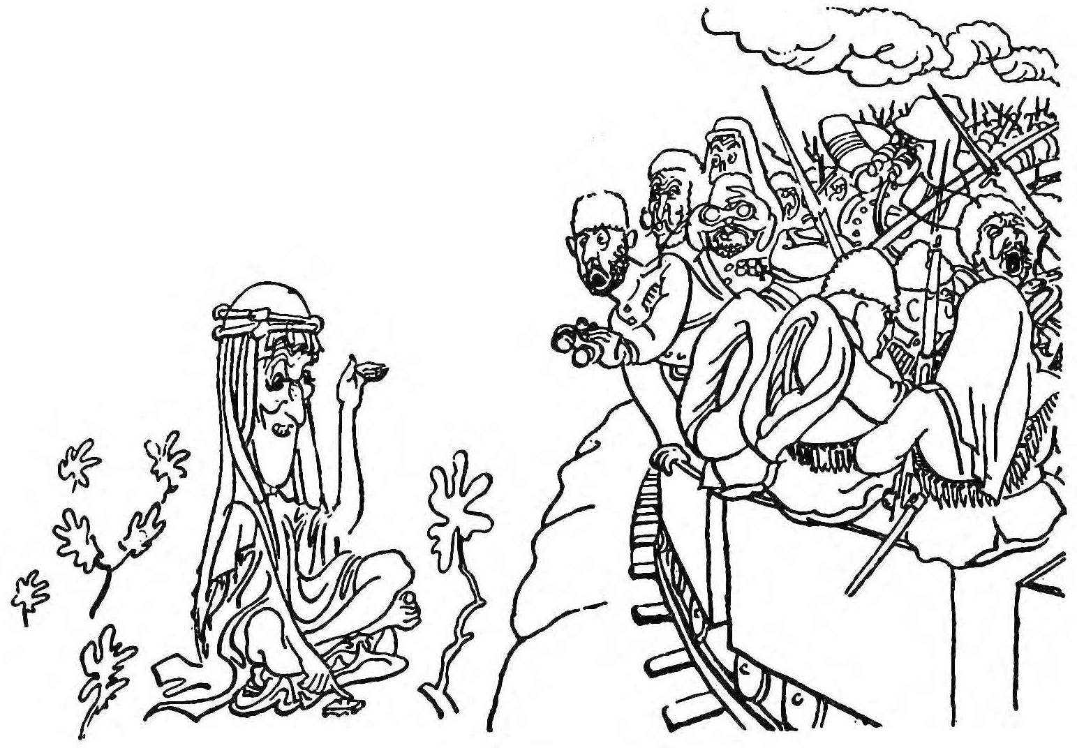 Cartoon of the author sitting and waving at the Turkish train