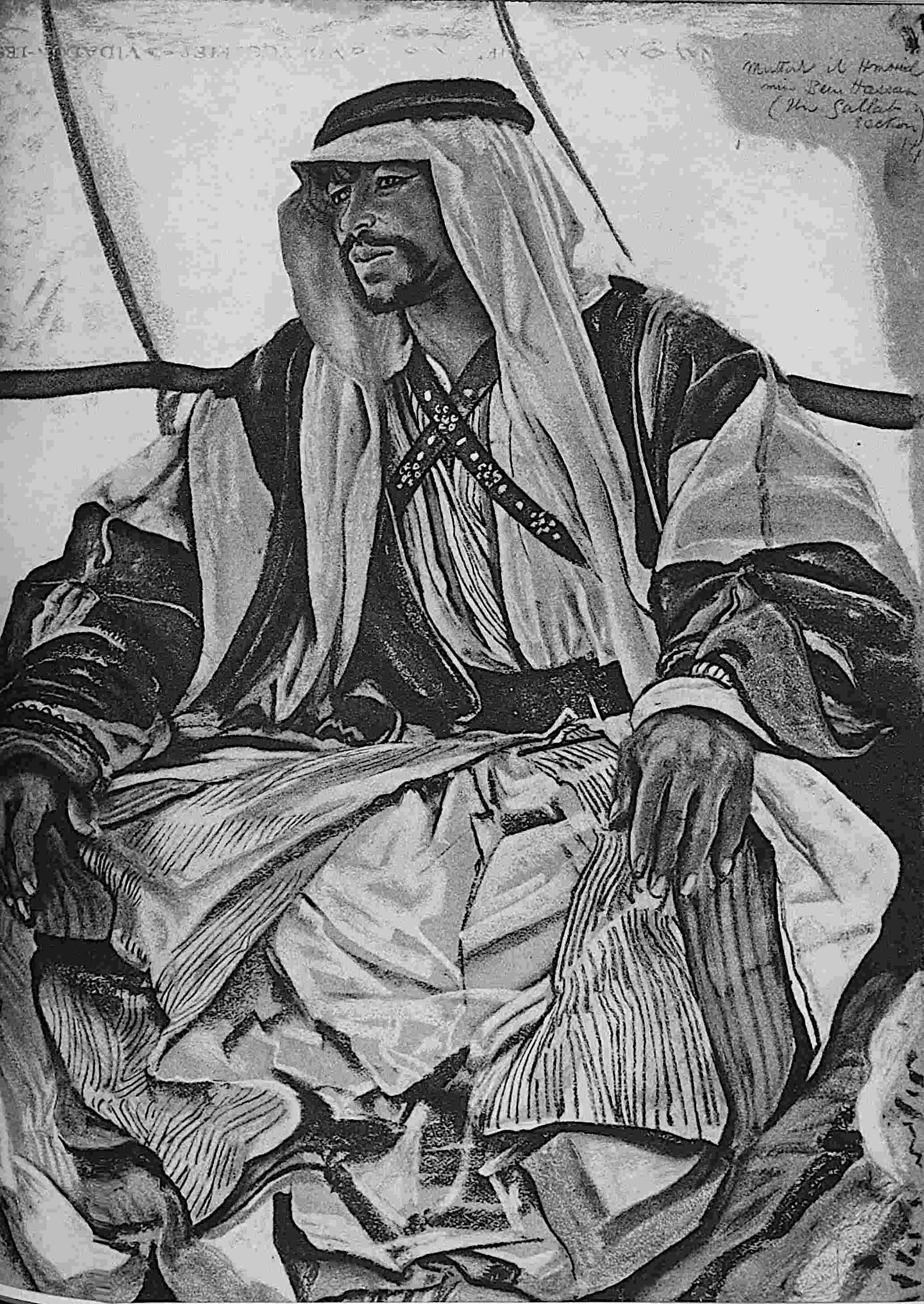 Pastel painting, seated in a tent
