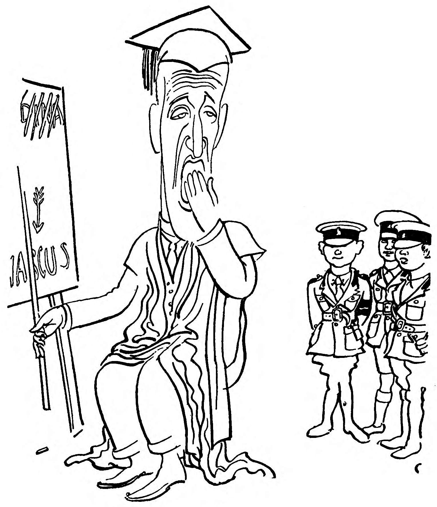 Cartoon of the author dressed as a professor,   yawning, while teaching the soldiers, who appear to be kindergarten sized