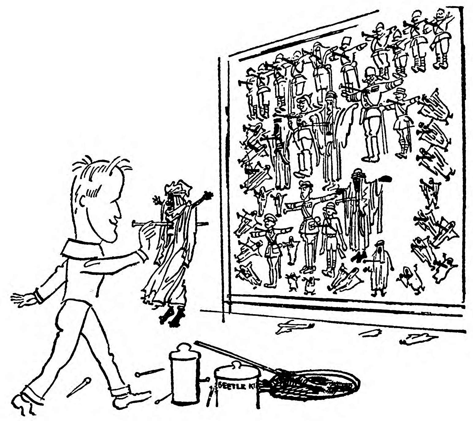 Cartoon of Lawrence pinning dolls of characters on a board