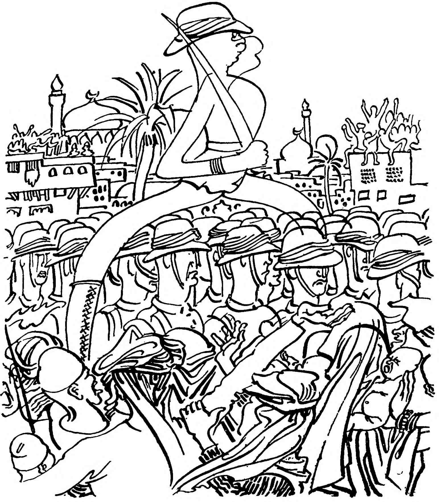Cartoon of an officerwith exagerrated legs straddling the troops