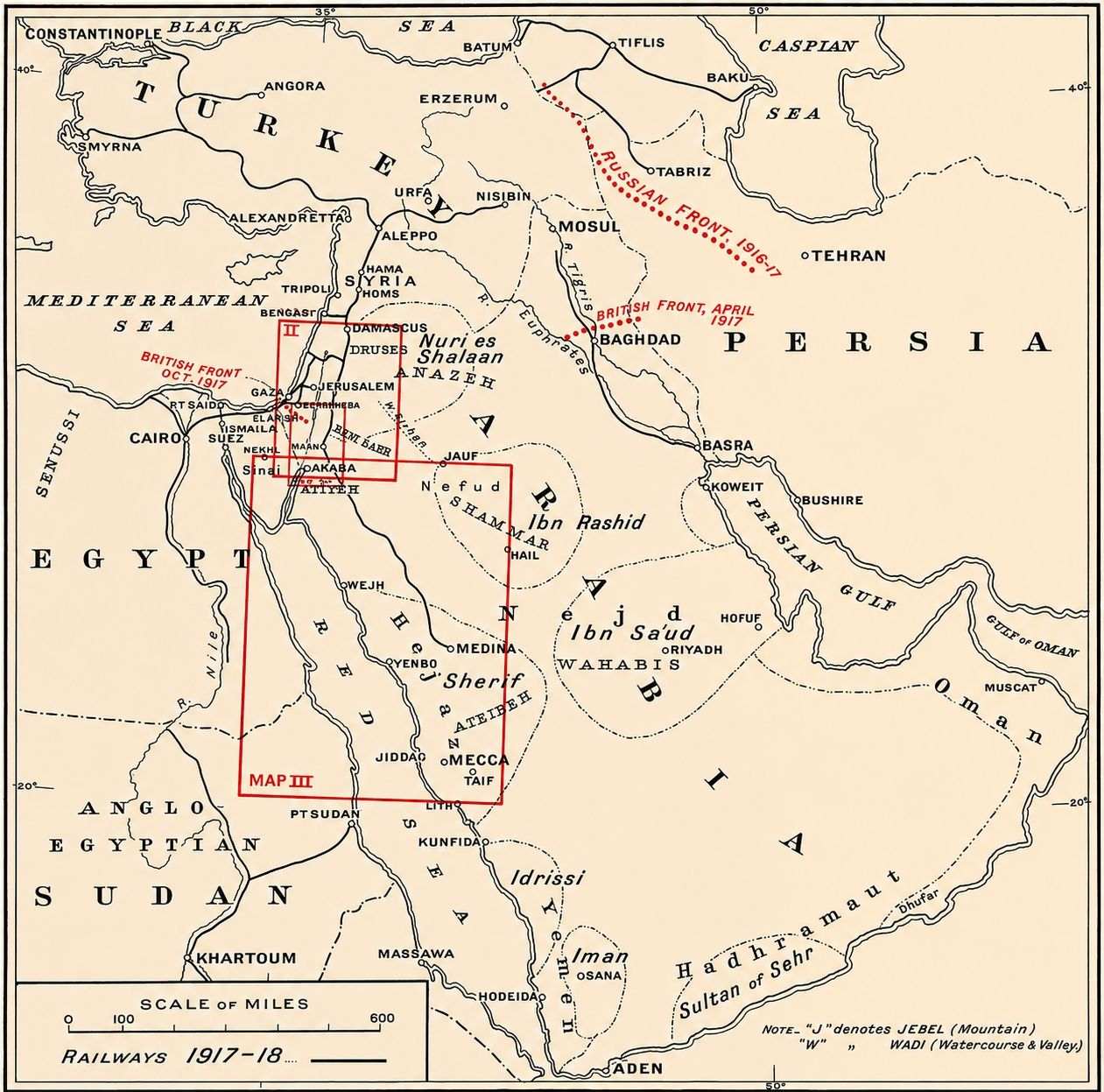 Map of Arabia, with outlines of maps II, III,     and IV, and showing the British and Russian fronts in 1917, along with the railways