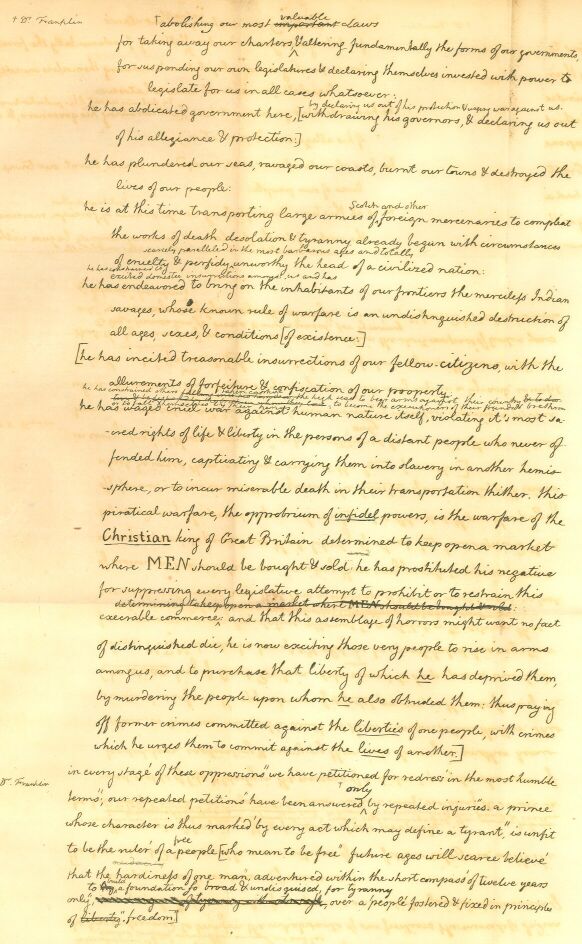 Third page. Handwritten draft text with editing notes and crossed out words, on faded parchment paper.