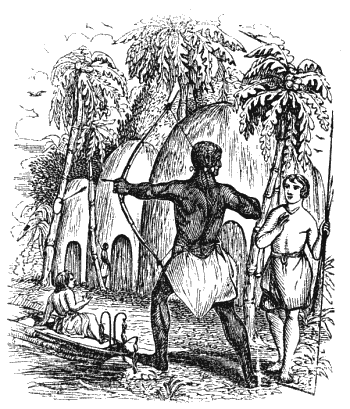 Drawing of a lesson in using bow and arrow.