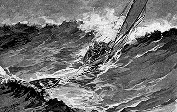 A ship and its skiff attempting to crest a large wave in rough seas.