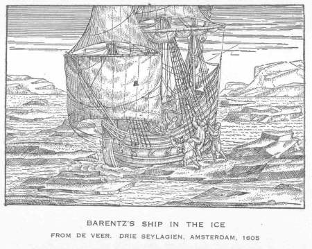 Barentz's Ship in the Ice.From de Veer. Drie Seylagien, Amsterdam, 1605