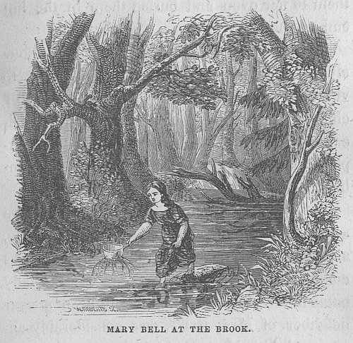 An engraving of of Mary Bell in the brook.