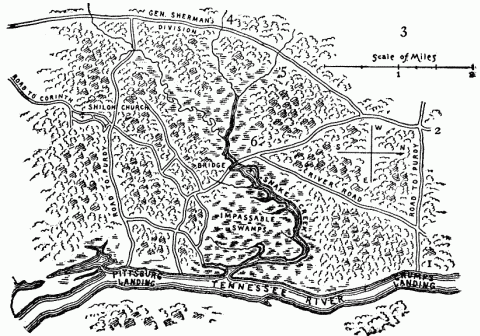 The map of the Compte de Paris has been utilized. 1, 2 and 3 give location of Wallace's Brigades in line, perpendicular to the river, with right at Adamsville (3), 2. Concentration of Division. 4. Crossing at Snake creek to take the right of General Sherman. 4-5. Countermarch to lower crossing after retirement of the right. 6. Lower crossing which had for several days previously been under water. Wallace's division, on the 7th, held the right of Sherman, as indicated for the 6th, when he moved to take part in the general action.