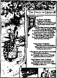 This page has the poem on one side, with the lady gazing up into the tree with the robin, and the lady warm in a house and robin outside in the snow at the bottom of the page.
