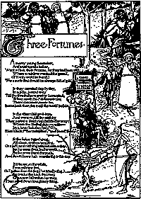 This is a full page illustrated poem, depicting: the three as they start the journey, the shoemaker with his lady, the tailor and baker on the path, the tailor lounging in the Inn, and the baker wandering "To Nowhere."