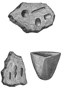 PL. XVIII. CRUCIBLE, AND SANDSTONE MOLDS FOR SHAPING SILVER OBJECTS. 