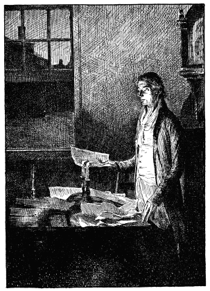 A drawing of a man looking at a paper by candlelight.