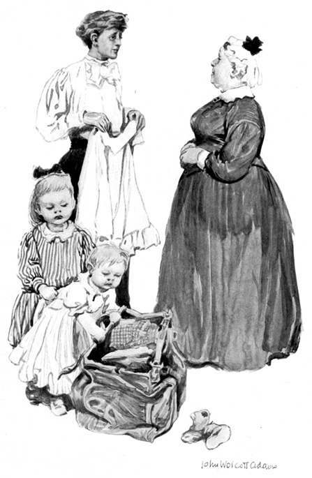 A woman packs a suitcase, while two toddlers 'help' and an older woman looks on.